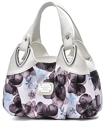 NICOLE & DORIS Handtaschen Damen Designer Tasche Elegante Groß Handtasche Modern Shopper Tote Bag Damentasche mit Blumenmuster Weißer Griff/lila Blume