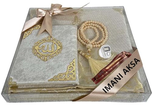 Imani Aksa Geschenkbox -Gebetsteppich, Miswak, gebetskette, zikirmatik und buchen- Seccade-Namaz-Islam (Gold 1)