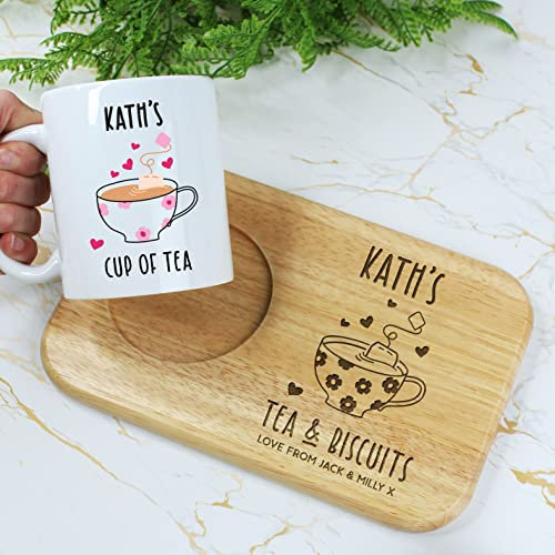 eBuyGB Personalised Tea & Biscuits Board & Cup of Tea Mug Set, Mother's Day, Birthday Gifts for Mum, Grandma, Friend - Any Name