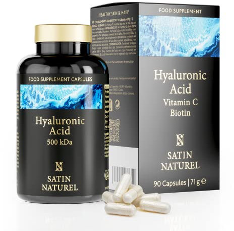 Integratore Acido Ialuronico 562mg ad Alto Dosaggio + Vitamina C + Spirulina Blu - per Pelle, Articolazioni e Ossa - 90 Capsules, 3 Mesi di Cura - Qualità Tedesca - Satin Naturel