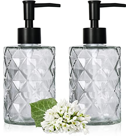 YTDTKJ Glass Soap Dispenser Set, 2 Pack, 11 Oz., Clear with Black Pump, Premium Thick Glass, Refillable, Multi-Functional Bottle Dispenser