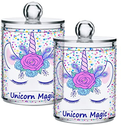 Bathroom Canister Set of 2, Unicorn Magic Tiara Clear Plastic Jars Holder Dispenser Farmhouse Sugar Storage Countertop With Airtight Lids, Kitchen Theme Decor