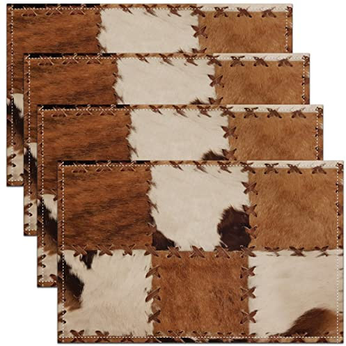 Kuhfell Tischsets 30x45 Patchwork Kuhfell Druck Abwischbare Platzset für Esszimmer Terrassentisch Küche Dekor Bauernhof Tier Tischsets 4er Set Western Cowboy Hitzebeständige Tischsets, Braun Weiß