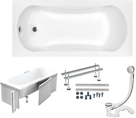 KOLMAN Badewanne ARIA Rechteck 150x70 mit Styroporverkleidung, Ablaufgarnitur und Füßen Komplettset 4in1 Premium Original Acryl Wanne Siphon