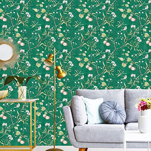 JOLIHOME Dunkelgrüne Tapete Weinlese Florale Vögel Abziehen und Aufkleben Kontaktpapier Blatt und Blume Selbstklebende Wandtapete für Küche Dekorativ Abnehmbar und Wasserdicht 44,5x500cm