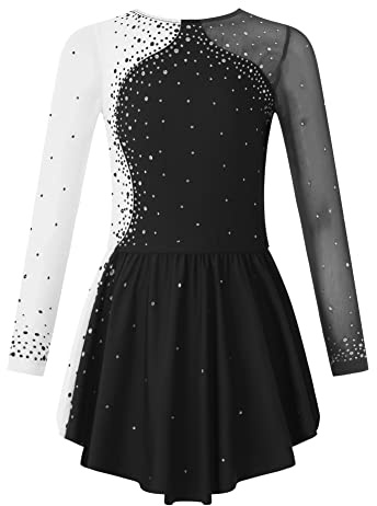 CHICTRY Kürkleider Eiskunstlauf Kinder Mädchen Strass Glitzer Rollschuhkleid Langarm Tanzbody Farbblock Patchwork Trikot Mit Wickelrock Dancewear