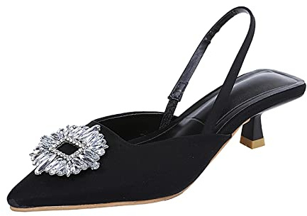 Ladies Slingback Kitten Heel Court Shoes for Women Mid Heel Diamante Pointed Toe Wedding Prom Dress Sandals