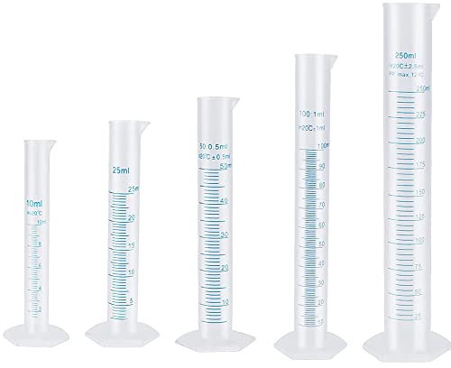 KOMUNJ 5pcs Plastic Graduated Cylinder Beaker 10ml 25ml 50ml 100ml 250ml Measuring Cylinder Transparent Lab Test Tube Liquid Measuring Tools