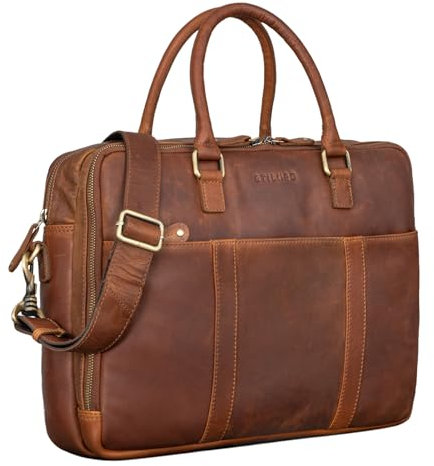 STILORD 'Drake' Businesstasche Leder Groß Vintage Aktentasche XL Ledertasche Laptoptasche für Arbeit Büro Umhängetasche Aufsteckbar Echtleder, Farbe:cognac - braun