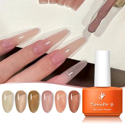 Tonitu G Jelly Gel Nail Polish Set 6 pcs Colors, Cream Caramel Chocolate Coral Pink Burnt Sienna Rust Red Gel Nail Art Kit, UV LED Soak Off for Salon Manicure and Nail Art DIY at Home, for Gift