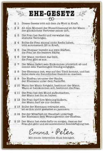 schilderkreis24 - Personalisiertes Ehe Gesetz Holzschild: Das Humorvolle und Originelle Hochzeitsgeschenk mit Individueller Note