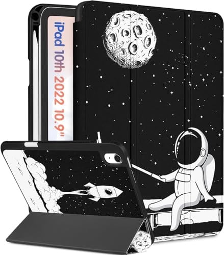 Wazzasoft Custodia per iPad A16 2025 - Custodia per iPad di 10a generazione Carina Donne Ragazze Bambini Adolescenti Astronauta Design unico con portapenne, Auto Sleep/Wake Tablet Cover per Apple 11