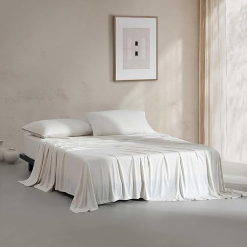Calvin Klein - Kingsize-Bettlaken, Baumwoll-Melange-Jersey-Bettwäsche-Set mit passenden Kissenbezügen, Tiefe Taschen, Öko-Tex-Zertifiziert (Moderne Baumwolle, Elfenbein/Grau)