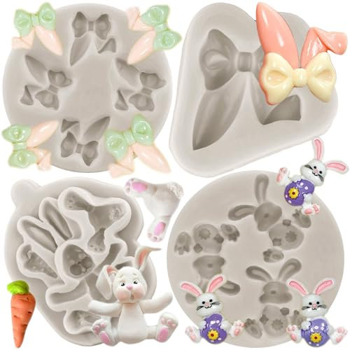 MYPRACS Oeuf De Pâques Lapin Moule En Silicone Oreilles De Lapin Moules À Fondant Au Chocolat Pour La Décoration De Gâteaux Cupcake Topper Bonbons Pâte à Gomme Ensemble De 4
