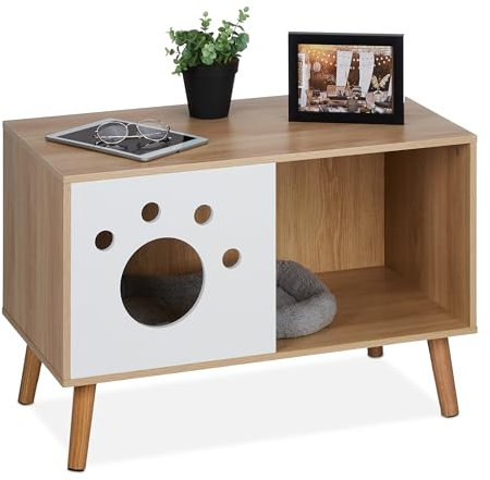Relaxdays Katzenschrank mit Eingang, HBT: 50x75x40 cm, Katzenklo verstecken, Schlafplatz, Katzenhöhle Indoor, Natur/weiß