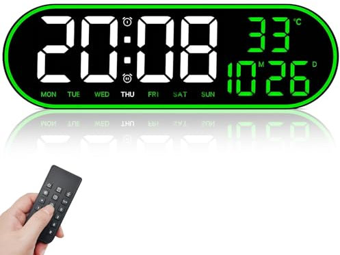 VORRINC Wanduhr Digital Groß,12.5'' Wecker Digital mit Fernbedienung | Kalender | Timer | Temperaturanzeige | 5 Helligkeitsstufen Ambientelicht | Led Wecker mit 2 Wecker und Schlummerfunktion, Grün