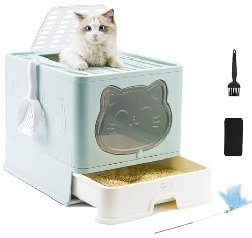 HelloMiao Caja de Arena para Gatos Completamente Cerrada con Tapa, Tipo de cajón, desodorizante, Grande, Plegable, con Pala de plástico para Mascotas, Adecuada