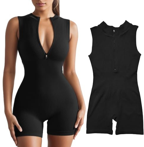 Jumpsuit Damen Kurz Eng Ärmellos Sport Yoga Einteiler Bodysuit Overall Bodycon Romper Sommer V-Ausschnitt Gerippte Sportanzug Trainingsanzug Shorts Outfits Schwarz S