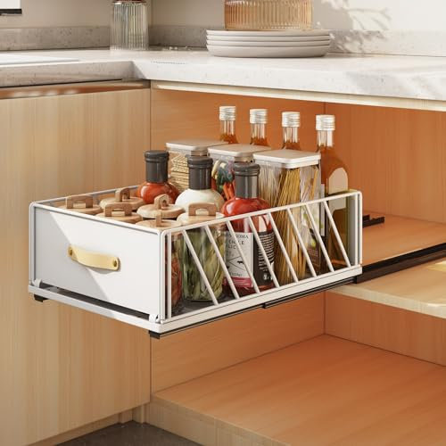 SAYZH Cajón Telescópico, Cajones Extraíbles para Armario de Cocina, Cajón Deslizante Para Alacena, Cajón de Cocina Extensible Desplegable con Mango, 40 cm (Prof.) x 30 cm (Anch.), Blanco