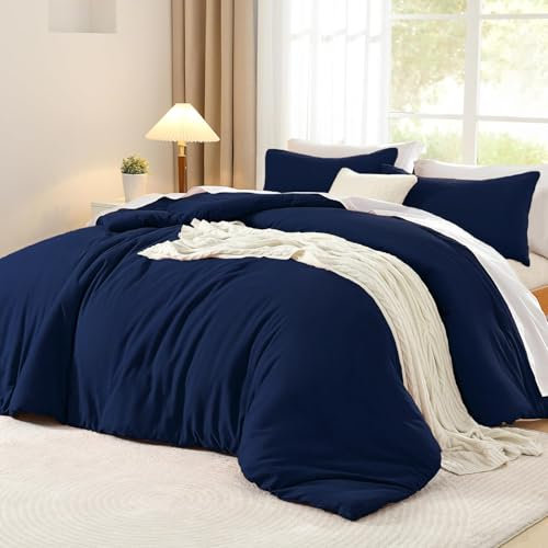 Luofanfei Baumwolle Bettwäsche 200x220 Dunkelblau Blau Einfarbig Muster Renforce Baumwollbettwäsche Premium Uni Modern Weiche Bettbezuge und Kissenbeüge 80x80 cm