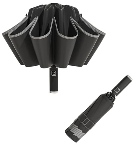 LCY Automatic Inverted Compact Folding Anti-UV Parasol Umbrella Large Windproof Umbrella with Reflective Stripe-Black