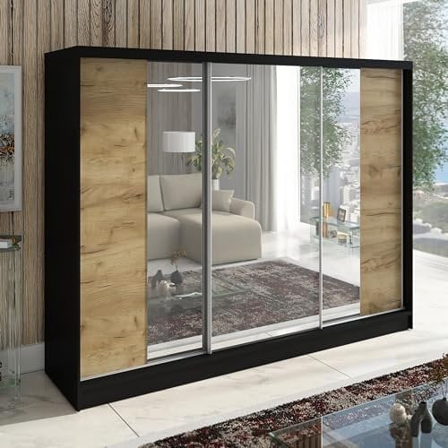 A&J MöbelLand Schwebetürenschrank VIDA, 3-türig Kleiderschrank 200cm mit 4 Schubladen, und Spiegel, Garderobe 200 cm (Schwarz/Eiche Kraft Gold)