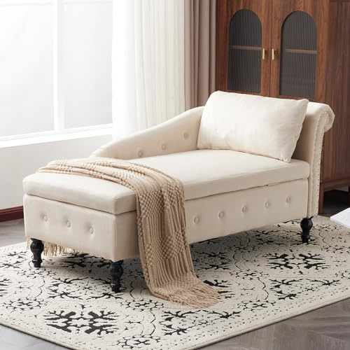 BTM Upholstered Lounge Sofa, Velvet Chaise Lounge with Right Armrest, Chaise Lounge Sofa with Storage and Pillow for Living Room, Bedroom and Office, Beige