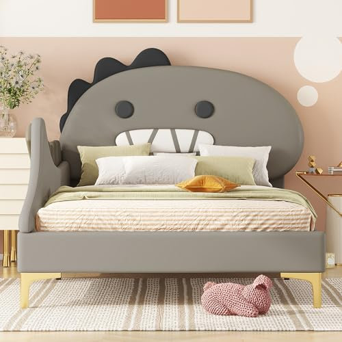 Kinderbett Jugendbett 90x200 cm, Cartoon Dinosaurier Kinder Spielbett mit Lattenrost, Bettgestell mit Rausfallschutz, Einzelbett Bett für Jungen und Mädchen, PU, ohne Matratz, Grau