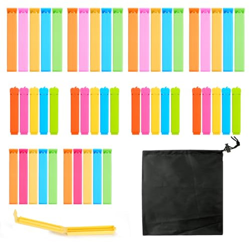 ZHXGO 50-Piece Reusable Food Sealing Clips Set in 3 Sizes, 5 Colors, Plastic, Press Closure, Multicolor, Rectangular, Moisture Proof
