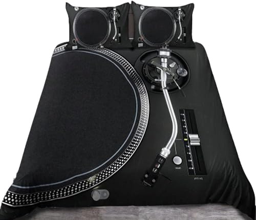 Sezhiqeu Schwarzer Gummiphonograph Bettwäsche 135x200, 3D Muster Weich Kuschelig Mikrofaser Bettwäsche Set Vinyl-Musikbox Bettbezug + 2 Kissenbezug 80x80 cm mit Reißverschluss D3247
