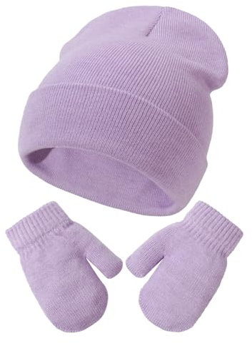DRESHOW Ensemble Bonnet Beanie et Moufles D'hiver Set pour Bébés et Enfants Ensemble Chapeau et Gants Tricotés Chauds pour 2 Ans - 5 Ans Filles et Garçons