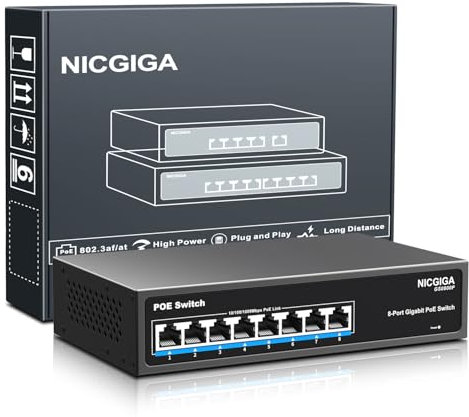 NICGIGA Switch Poe Gigabit a 8 Porte Non gestito, 8 Porte Poe+ a 120 W, 802.3af/at, Switch di Rete Power Over Ethernet a 8 Porte e 1000 Mps, Senza Ventola.