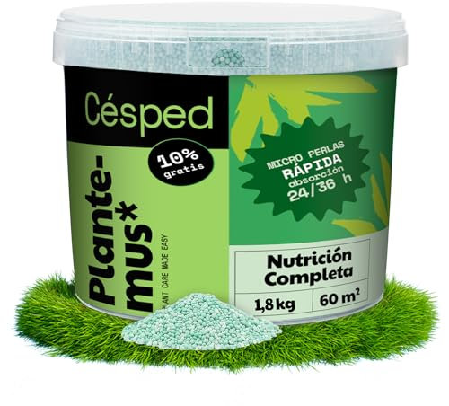 PLANTEMUS Abono Césped Efecto Prolongado NPK (12-11-18) + Micronutrientes, Césped Verde y Duradero, Fertilizante Granulado Perlas Ultrasolubles, 1.8 KG, 60 m²