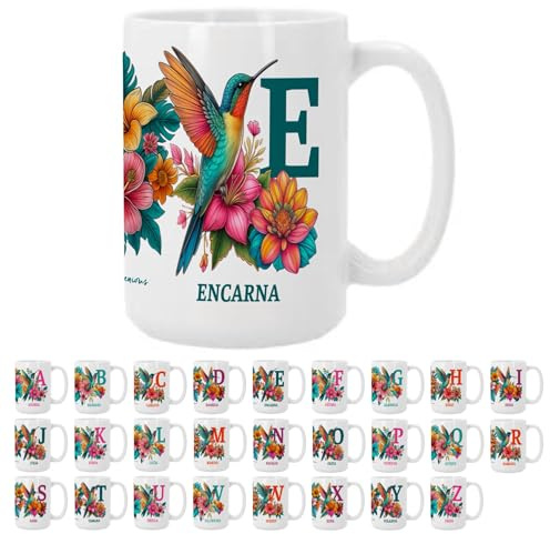 Taza Personalizada con Inicial y Nombre (A-Z) - Diseño de Colibrí para Niñas | Taza XL de Cerámica 450ml para Café, Té o Desayuno | Regalo Original (Letra-E)