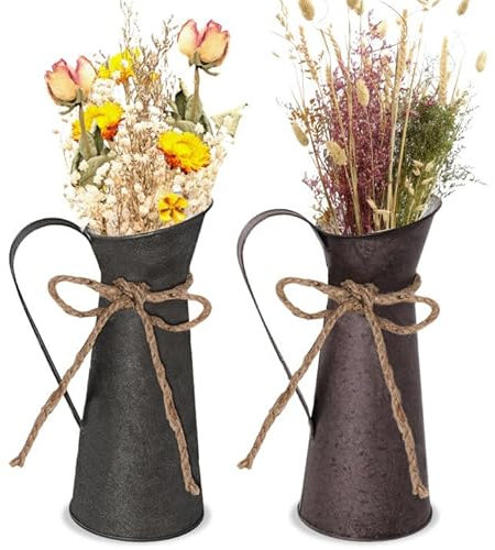 WANDGU Lot de 2 vases à fleurs décoratifs vintage en métal - Style maison de campagne française, pichet primitif - Vase vintage shabby chic vintage - Vase à fleurs unique pour la décoration du salon,