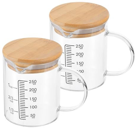 PATIKIL Vaso Medidor de Vidrio de 250ml, Pack de 2 Tazas Medidoras de Vidrio Borosilicato 3.3 con Escala Impresa en Negro para Medir Líquidos, con Tapa de Madera y Pico en V para Cocina