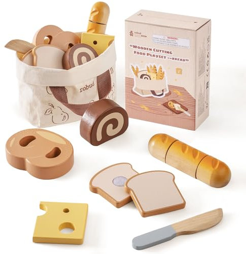 ROBUD Holz Spielzeug-Lebensmittel, Spielküche Zubehör Holz Lebensmittel Backen zum Schneiden für Rollenspiel mit Aufbewahrungstasche, Mädchen Jungen Spielzeug Geschenke ab 3 Jahren, Backset