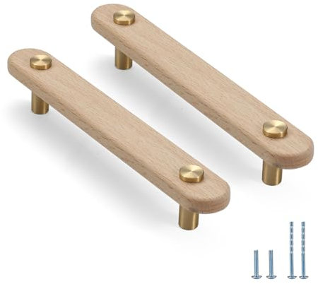 Evionlin Türgriffe aus Buchenholz, Messing, 9,6 cm, 6 Stück