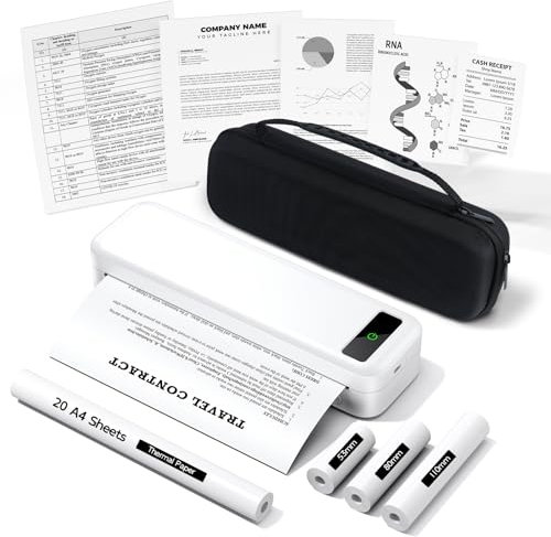Imprimante Thermique Portable A4 sans Encre 300 Dpi, Bluetooth avec iOS et Android, Équipé d'une Mallette et de 4 Rouleaux de Papier Thermique, Convient pour les Voyages, le Bureau et la Maison, Blanc
