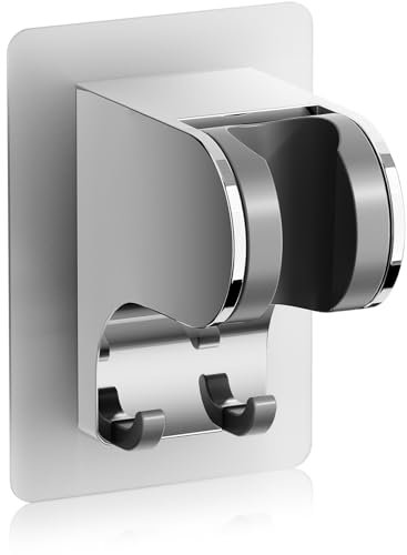 JONKEAN Duschkopfhalterung ohne Bohren, 3M Kleber Handbrause Halterung, 45° Verstellbare Duschbrause Halterung, Duschhalterung, Dusche Brausehalter mit 2 Haken (2.Chrom, 1 Stück)
