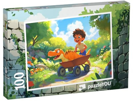 puzzleYOU: Puzzle 100 Teile „Dino-Spaß: Das Schubkarrenrennen“ – aus der Puzzle-Kollektion Kinderpuzzle