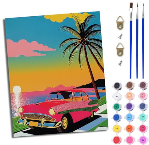 Peinture par Numéros pour Adulte Peinture par Numero pour Enfant et Adulte Voiture rétro au coucher du soleil en bord de mer DIY Peinture Acrylique Débutants Facile sur Toile Peintures et Pinceaux