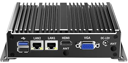 UDPTCP Industrial Mini PC, Fanless Mini PC J1900 with Quad Core2.41GHz, Dual LAN/2×RS232 COM/HD Double Displays, Mini Desktop Computer Support Dual Band WiFi for Industry Business,4GB RAM 64GB SSD