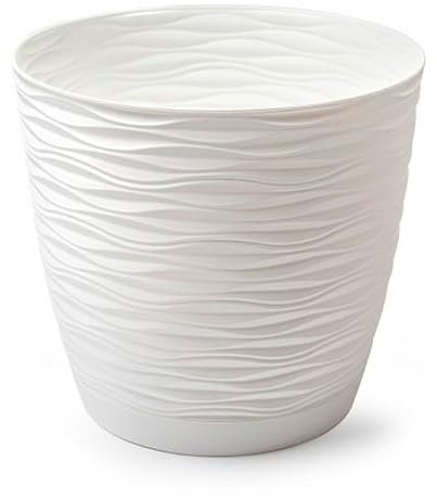 Acan Tradineur - Maceta Redonda con Plato - Diseño Wind (Ø 17 cm) - Fabricado en plástico - Ideal parajardín Exterior, terraza o balcón - Color Blanco Roto