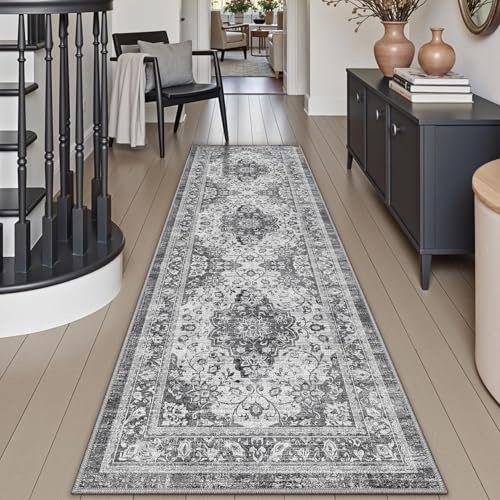 DEXI Läufer Flur 60 x 150 cm, Waschbar und rutschfest, Grau | Dünne Vintage‑Stil Läufer Teppich, Schmutz & Wasser Teppichläufer für Flur, Hauseingänge, Küche, Waschküche