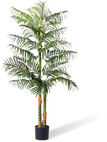Artificial Trees Indoor, Faux Golden Cane Palm Tree with Planter, Artificial Plants with Natural Wood Trunk for Home Office Decor