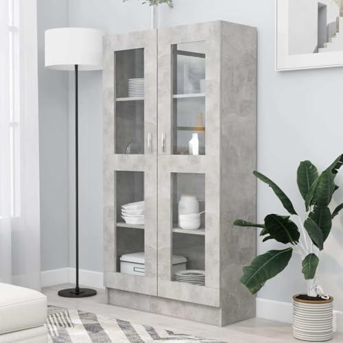 Mokuyary Armoire à Vitrine Gris béton 82,5x30,5x150 cm Bois d'ingénierie, Buffet avec 4 Compartiments et 2 Portes Meuble de Rangement, Armoire Latérale de Cuisine pour Salon, Chambre
