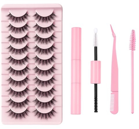 Cat Eye Lashes, False Eyelashes with Glue, Tweezers and Brush - Wispy 15mm False Eyelashes with 3D Volume, Thin Cotton Band and Soft C Curl for a Natural Yet Defined Look Pack 10 Pairs