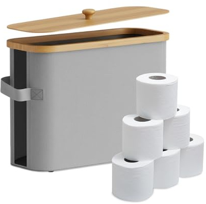Relaxdays Contenedor de Papel higiénico, 12 Rollos, 33 x 45 x 16 cm, Tela, bambú, Gris