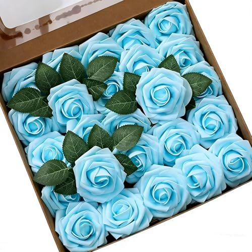 Fesnova Kunstblumen Wie Echt Blaue Rosen,25 Stück Box mit himmelblau,Blaue Blumen für Hochzeitsdekorationen,Valentinstagsfeiern oder Heiratsanträge/Geständnisveranstaltungen.